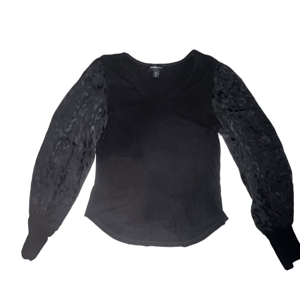 NEW Fifteen Twenty Top M Black Bishop Sleeve Animal Print Sleeve Blouse NWT